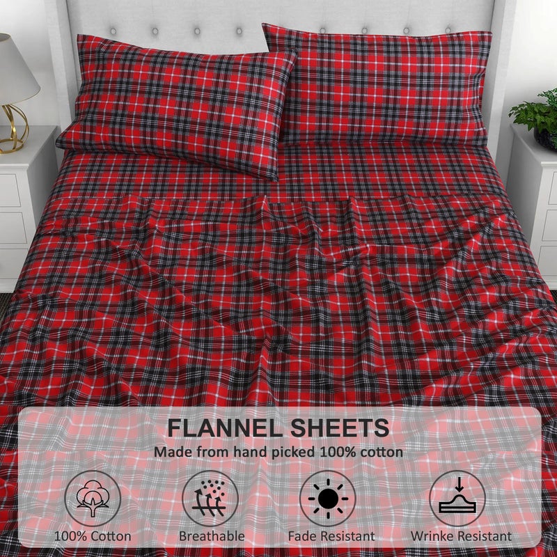 RUVANTI Flannel Sheets King Size - 100% Cotton Brushed King Size Sheets Set - Deep Pockets 16 Inches Bed Sheets - All Seasons Breathable & Extra Soft - Warm & Cozy, 4 Piece, Red Plaid - Image 4